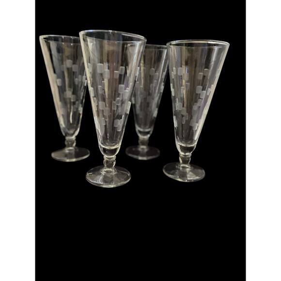 Set of Four Vintage Anchor Hocking Grey Etched CUBIST Pilsner Glasses 7 1/2” MCM - Picture 5 of 12